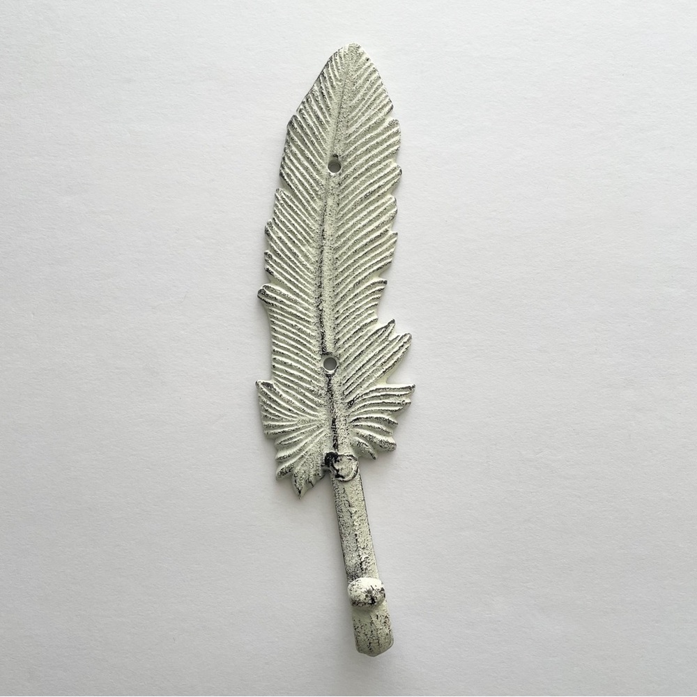 Boho Vintage Antique White Washed Cast Iron/Metal Feather Wall Hook